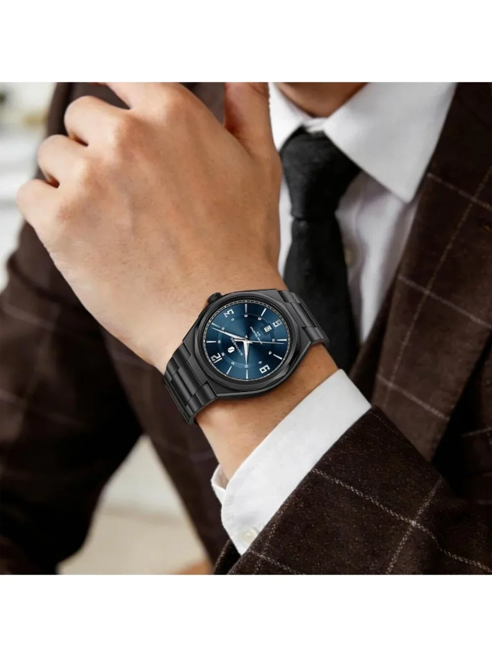 Men's Black/Blue Numeral Dial Stainless Steel Strap Analog Quartz Wrist Watch